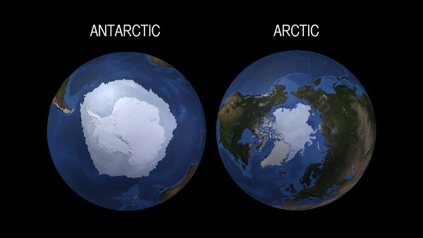 인공위성이 찍은 남극(왼쪽)과 북극의 얼음. 얼음의 규모에 따라 지구 전체에 미치는 영향은 매우 크다.[사진=-NASA]