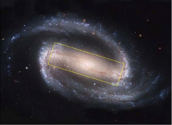 막대나선은하의 한 예이다. 중앙 부분 노란색 직사각형으로 표시한 부분이 이 은하의 막대구조이다. [사진=NASA]