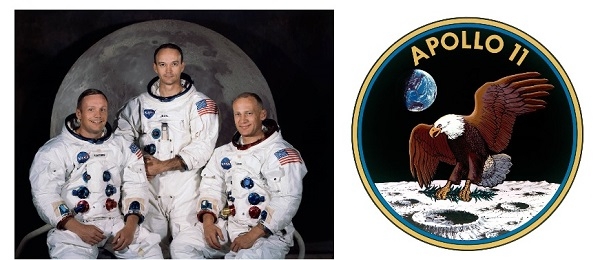 아폴로 11호 승무원인 암스트롱, 콜린스, 올드린(왼쪽부터). 아폴로 11호 승무원 패치(오른쪽).[사진=NASA]
