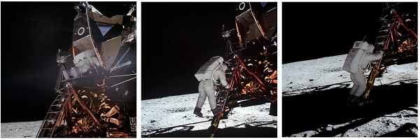 이글호 사다리를 이용해 올드린이 달 지표면으로 내려오고 있다.[사진=NASA]