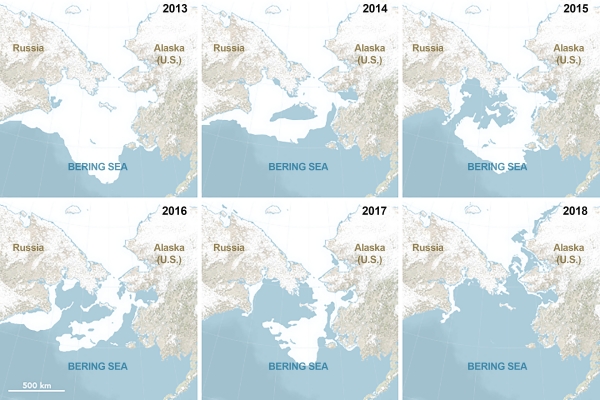북극 베링해 근처 바다 얼음이 갈수록 줄어들고 있다.[사진=NOAA]