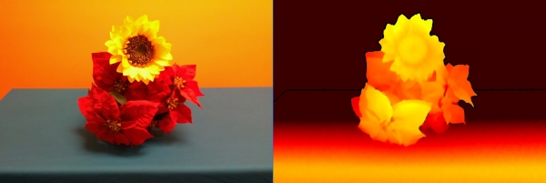 인텔 리얼센스 라이다 카메라 L515로 촬영한 심도 이미지(우)와 RGB 이미지(좌) [인텔 제공]