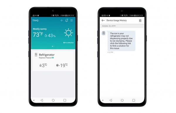 LG전자가 미국에 본격 런칭할 프로액티브 서비스가 LG 씽큐(LG ThinQ) 앱에 등록된 냉장고의 작동상태를 분석, 얼음 디스펜서에 생길 수 있는 고장 가능성을 사전에 감지하고 최적의 상태를 유지할 수 있는 관리방법을 알려주고 있다. [LG전자 제공]