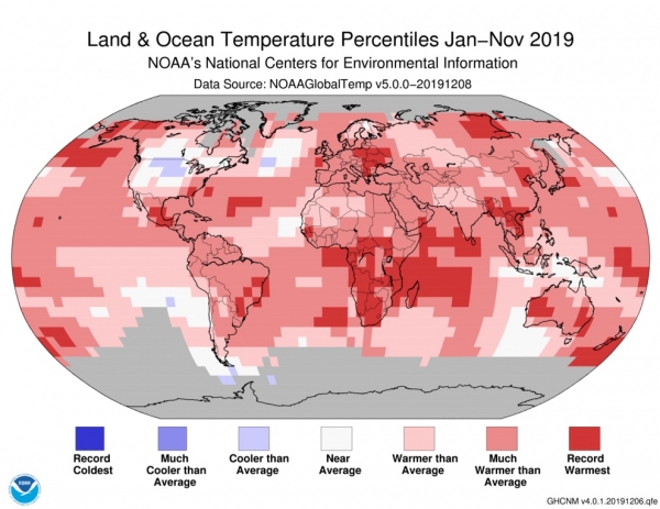 2019년 1~11월까지 지표면과 해수면 온도는 20세기 평균(14도)보다 섭씨 약 0.94도 상승했다. 140년 기록상 두 번째로 더웠던 해에 해당된다. 이는 2016년 1.01도 상승했던 것 다음으로 높은 온도 상승이다. [사진=NOAA]