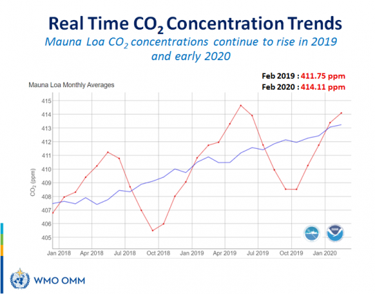 2019년 2월 이산화탄소 농도는 411.75ppm이었다. 2020년 2월은 414.11ppm을 기록해 또다시 최고 기록이 깨졌다. [자료=WMO]