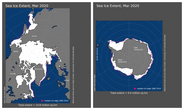 NSIDC 자료를 보면 북극 해빙은 1981~2010년 평균보다 4.2% 줄었고 남극 해빙은 평균과 비슷했다.[자료=NSIDC]