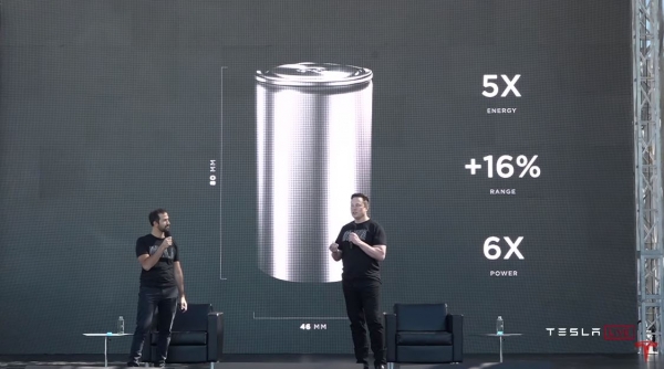 일론 머스크 테슬라 CEO가 9월 22일(현지시간) 열린 ‘배터리 데이’ 행사에서 4680 원통형 배터리를 소개하고 있다. [사진=테슬라 유튜브 생중계 화면 캡처]
