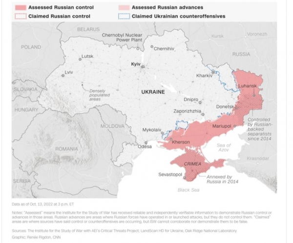 15일(현지시간) CNN이 보도한 러시아의 우크라이나 점령지역 상황 지도 [사진=CNN]