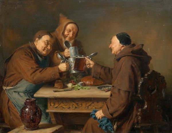 북부 유럽인들은 중세 시대부터 맥주를 성직자와 일반인 모두에게 적합한 음료라 여기고 주식의 일부로 소비했다. 작품 설명: 에두아르트 폰 그뤼츠너(Eduard von Grützner,1846–1925) 작 '식사 상에 모인 3명의 수도승(Drei Mönche bei der Brotzeit),1885년, 패널에 유화, 40 X 50.8 cm. © Public Domain