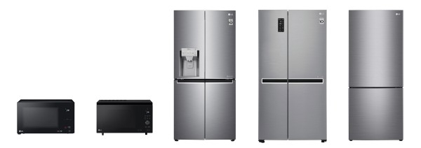 LG전자 주방가전이 호주 소비자잡지 초이스의 소비자평가 1위를 휩쓸었다. 사진은 왼쪽부터 전자레인지, 슬림 광파오븐, 프렌치도어 냉장고, 양문형 냉장고, 상냉장ㆍ하냉동 냉장고. [LG전자 제공]
