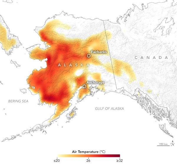 올해 7월 알래스카에 32도에 이르는 폭염이 이어지고 있다. 산불이 발생해 피해가 커지고 있다.[사진=NASA]