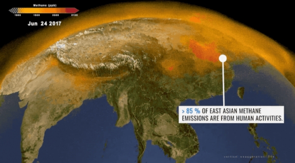 동아시아에서 배출되는 메탄의 85%는 에너지 사용, 농업 등 인간활동과 관련 있었다.[사진=NASA 기후변화]