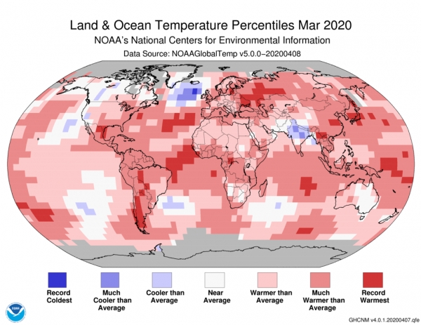 올해 3월 전 세계 지표면과 해양 평균 온도는 20세기 평균(섭씨 12.7도)보다 섭씨 1.16도 상승한 것으로 나타났다.[사진=NOAA]