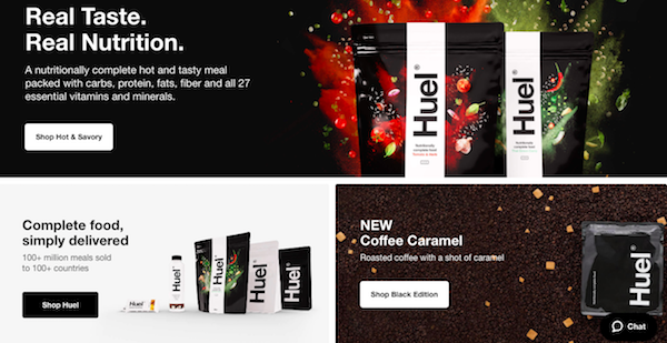 ‘완전식품(Complete Food)’을 슬로건으로 한 영국 식품업체 휴엘의 제품 디자인은 약품 포장을 연상시키며 과학에 기초한 기능성 식품으로 소비자와 소통한다. Huel, Ltd.